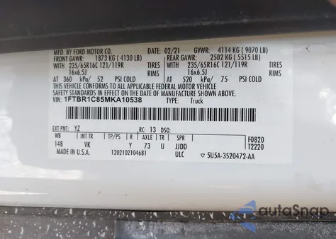 2021 Ford Transit-250 from USA, damaged, VIN 1FTBR1C85MKA10538